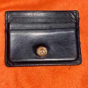 Versus Versace Black Leather Card Holder with Decorative Brass Lion Accent